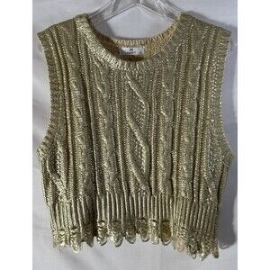Gold Metallic Crop Tank Top knit Fringe Formal Elegant Women’s Size S Unique